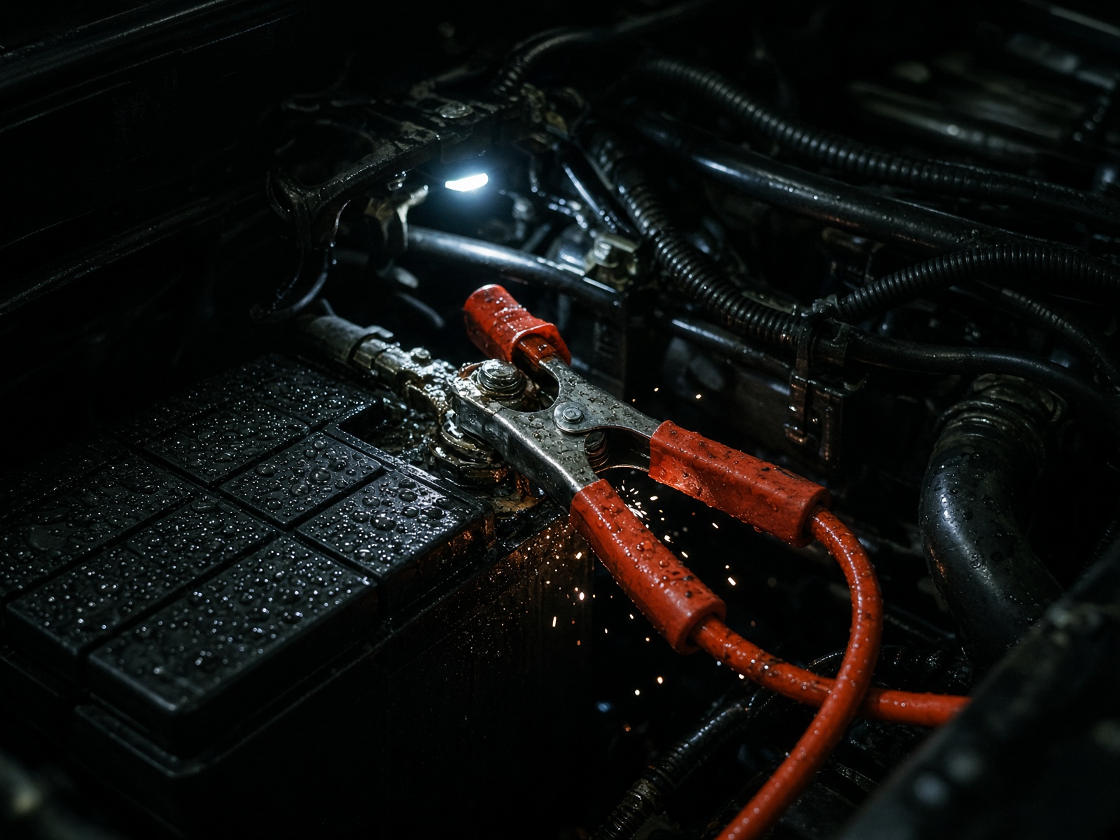 Jumper cables on a car battery at night